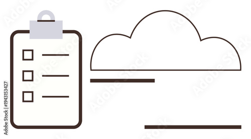 Data management, cloud storage, organization, digital workflow, checklist systems, productivity tools. Minimalist design of a cloud and checklist. Data management and cloud storage concept