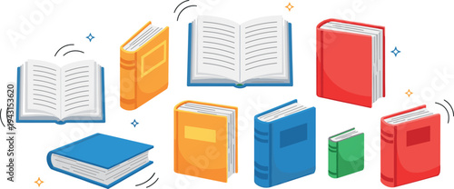 Colorful cartoon books collection with open and closed textbooks for education learning library reading vector illustration set