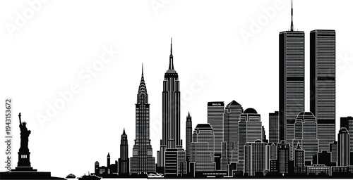 Flat vector New York City skyline silhouette with Statue of Liberty, Empire State Building, Twin Towers, iconic architecture, urban landscape illustration