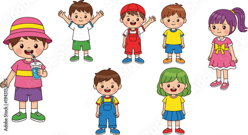 Cute cartoon children characters collection with different outfits and poses, happy playful kids illustration set showing diverse childhood personalities isolated on white background