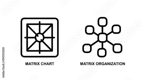 Matrix chart icon and matrix organization network icon on white background