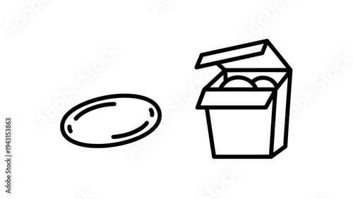 Single ovai shape and open box icon containing spheres on white background