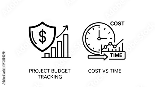 Icons representing project budget tracking and cost vs time anaiysis