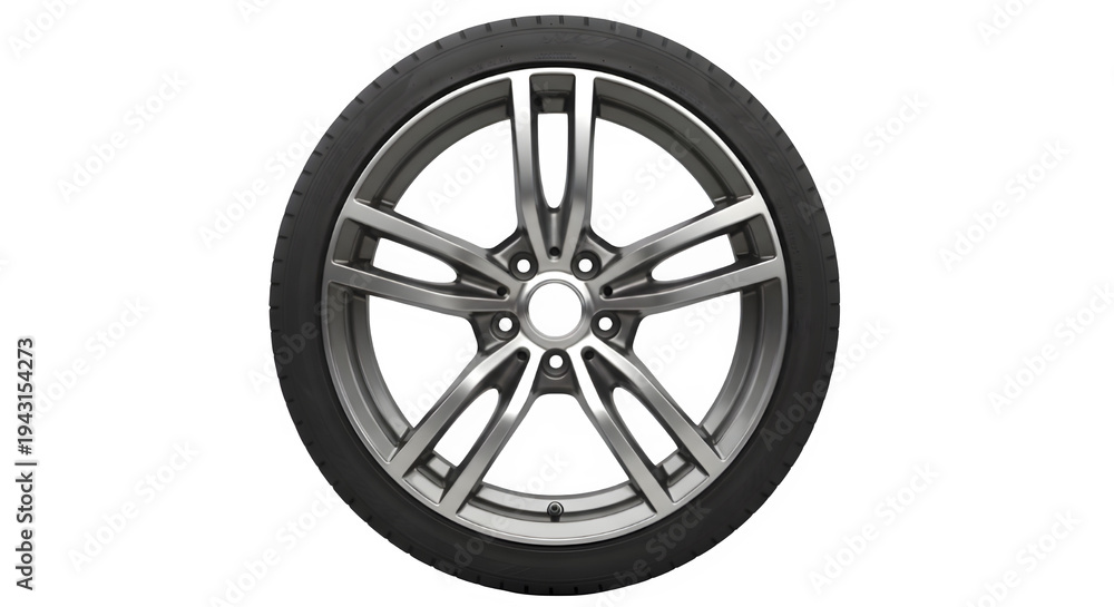 Obraz premium Single modern alloy car wheel with a high performance tire displayed on transparent background