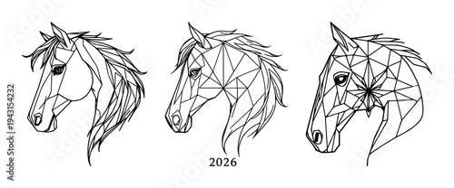 Horse head set with geometric polygonal patterns featuring symmetrical line art, intricate design, Year of the Horse with white background and equine art