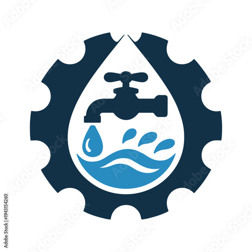 Water management symbol featuring a gear and faucet with droplets