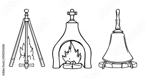 Fireplace bellows set with minimalist line art design featuring hearth decor, vintage tools, simple strokes with domestic items and fire upkeep equipment