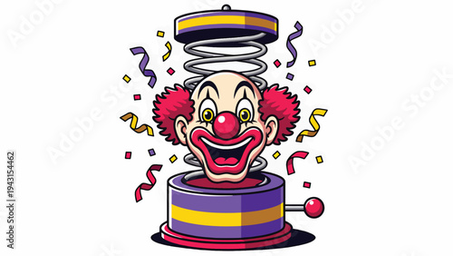 Jester in box with spring mechanism and colorful confetti celebrating april fools day party festive fun prank humor entertainment vector illustration