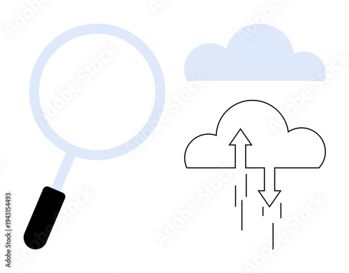Cloud computing concept. Cloud storage connects data management, uploading, and downloading with search. Cloud computing benefits business solutions, analytics, storage, and IT services