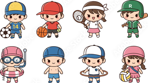 Cute cartoon kids playing different sports and summer activities, children athletes with soccer, basketball, tennis, baseball and swimming illustration isolated on white background