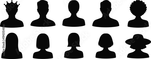Vector Silhouette Set of Male and Female User Avatars, Black Head and Shoulders Profile Icons with Various Hairstyles and Hats Isolated on White Background