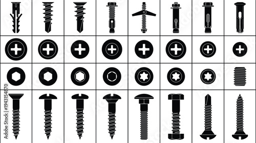 Black silhouette vector collection of various hardware fasteners including screws, bolts, wall anchors, and head types in a grid layout