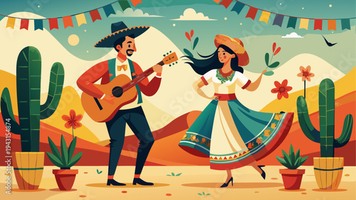 Three cartoon cacti characters dancing on a desert landscape