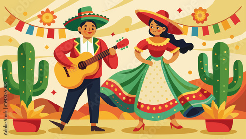 Two children celebrating with sombreros and maracas in a festive scene