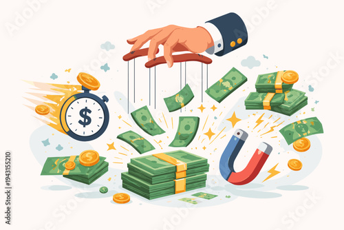 Concept of financial manipulation and fast money with a hand controlling cash like a puppet, a stopwatch for time is money, and a magnet attracting wealth in a modern flat vector illustration.