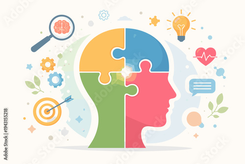 Mental Health and Psychology Concept Vector Illustration with a Human Head Profile Puzzle, Brain, Lightbulb, Heart, and Target Icons for Cognitive Wellness, Neurology, and Problem Solving