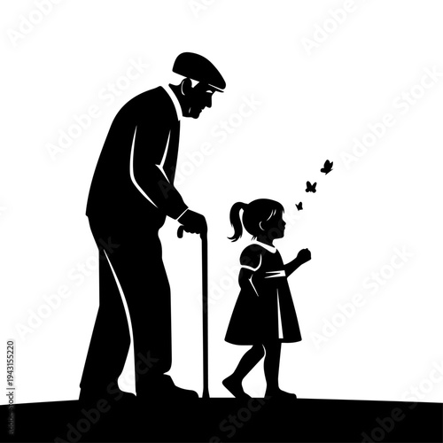 Grandfather and Granddaughter Walking Together Silhouette Vector Illustration