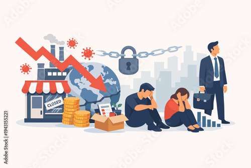 Global economic crisis and unemployment rise due to Coronavirus pandemic and lockdown. Sad people losing jobs, business closing, market crash, financial recession, and poverty vector concept