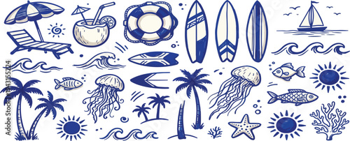 Hand drawn doodle summer beach, sea and surf vector illustration set. Tropical coastal elements palm trees, waves, surfboards, and sun with ornament for t-shirts, posters, and placards prints.