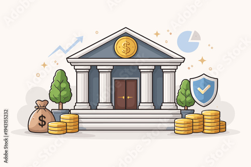 Flat Vector Illustration of a Classical Bank Building with Money Bag, Stacks of Gold Coins, Security Shield, and Financial Growth Icons for Banking, Investment, and Wealth Management Concepts.