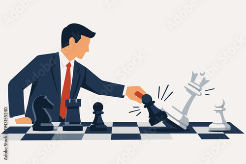 Strategic businessman in a suit making a winning move on a chessboard using a black pawn to defeat a white queen, concept of business competition, leadership, and smart tactical planning.