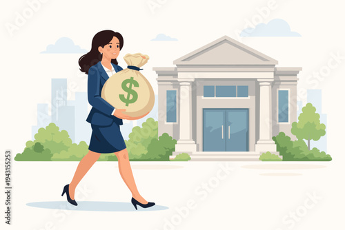 Businesswoman in a blue suit carrying a large sack of money with a dollar sign to a bank building. Flat vector illustration of financial success, investment, banking, and wealth management.