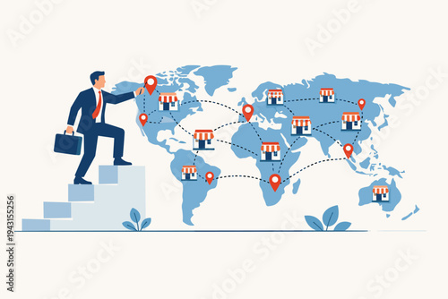 Businessman Climbing Stairs and Expanding Global Store Network on World Map, Illustrating Franchise Growth, International Business Expansion, Global Market Strategy, and Corporate Success.