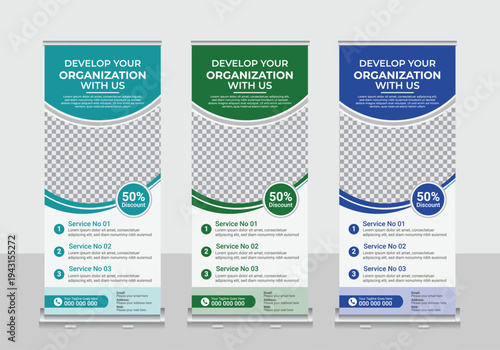 Roll up banner design template, vertical, abstract background, pull up design, modern x-banner for business agency.