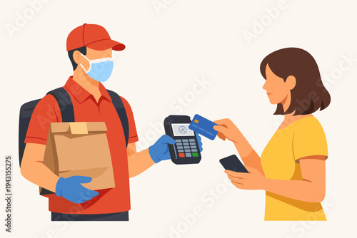 Delivery man in face mask and gloves holding paper bag and POS terminal while a woman customer pays with a credit card, contactless food delivery service and safe payment concept vector.