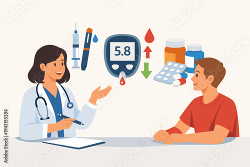 Female doctor consulting a young male patient about diabetes mellitus type 1 management, showing a glucometer with 5.8 reading, insulin pen, syringe, and medication for blood sugar control.