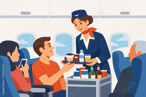 Vector illustration of a smiling professional female flight attendant in a blue uniform serving drinks from a trolley to diverse passengers inside a modern airplane cabin during a flight.