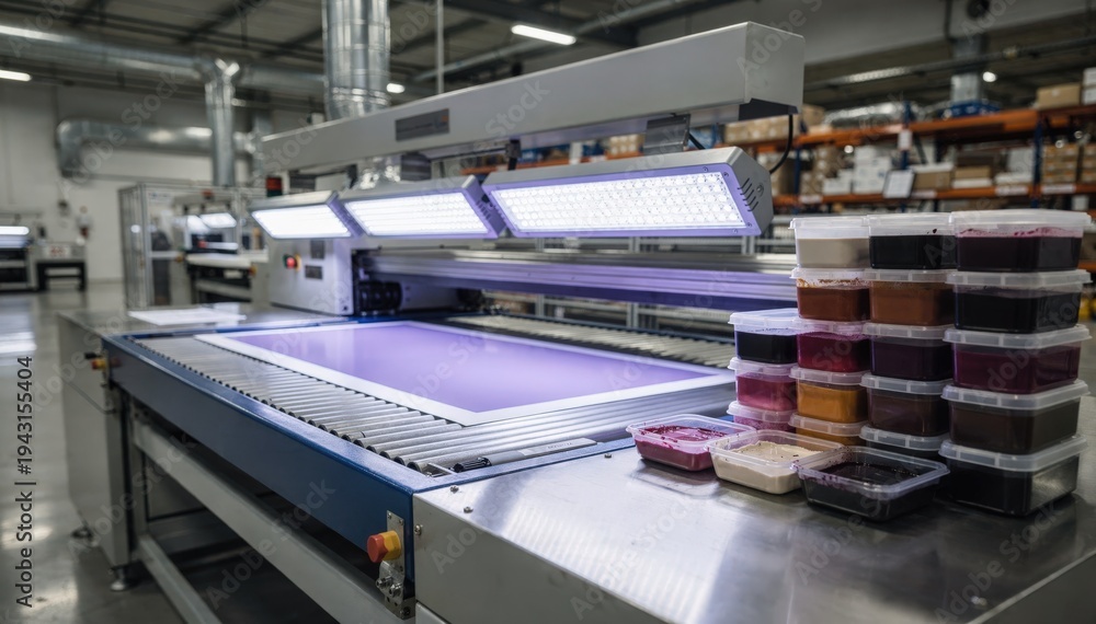 Obraz premium Medium shot of LED lamps illuminating a curing ink area with stacks of ink batches ready for testing in an energyefficient printing facility.