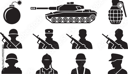 Military soldier icon set with tank bomb grenade and infantry silhouettes for army design