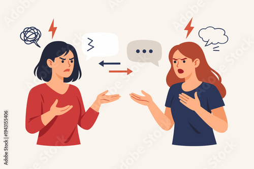 Two Women Having a Heated Argument and Difficult Communication with Angry Facial Expressions and Speech Bubbles, Flat Vector Illustration of Conflict, Misunderstanding, and Relationship Stress