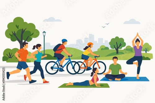 People Exercising Outdoors in a Public Park Vector Illustration Featuring Men and Women Running, Cycling, and Practicing Yoga for a Healthy Lifestyle with Trees and City Skyline Background.