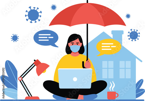 Woman working remotely during coronavirus pandemic, wearing mask under umbrella protection, home quarantine vector illustration concept