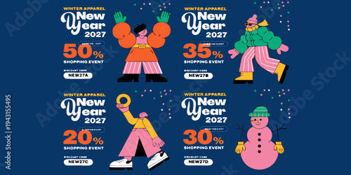 Winter Annual New Year 2027 – Festive Illustrated Discount Event Featuring 50%, 35%, 20% & 30% OFF