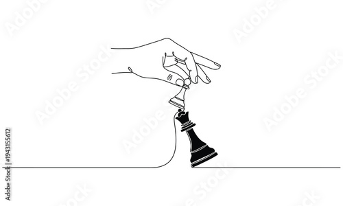 Continuous one line drawing robot hand holding chess pawn. simple chess king versus pawn on hand line art vector illustration