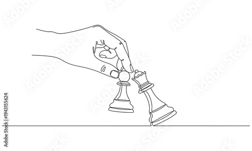 Continuous one line drawing robot hand holding chess pawn. simple chess king versus pawn on hand line art vector illustration
