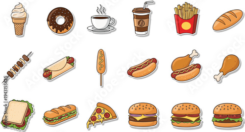 Fast Food and Snack Icon Set with Burger Pizza Hot Dog Coffee Donut Ice Cream and Street Food Vector