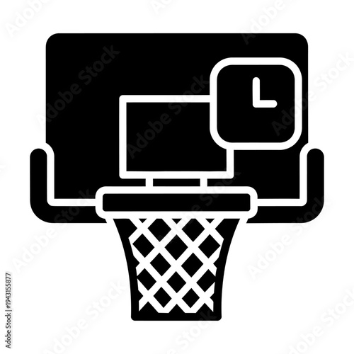 Basketball hoop and clock icon representing game time and scheduling for sports management, symbolizing deadlines and the excitement of a buzzer beater.
