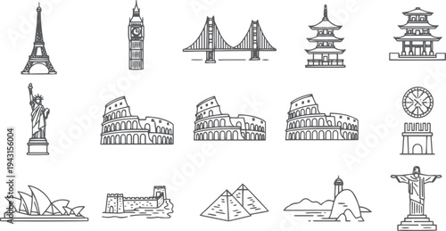 World landmarks icon set in a minimal outline style. Collection of famous international travel destinations like paris, san francisco, and asia for graphic design elements