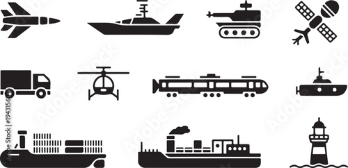 Set of various transportation vehicles and vessels, including airplanes, ships, trains, helicopters