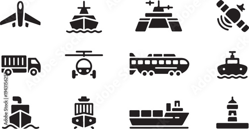 Set of various transportation vehicles and vessels, including airplanes, ships, trains, and helicopters