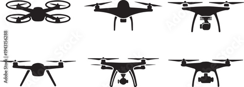 Set of drone icons with various angles and designs, illustrating modern aerial technology
