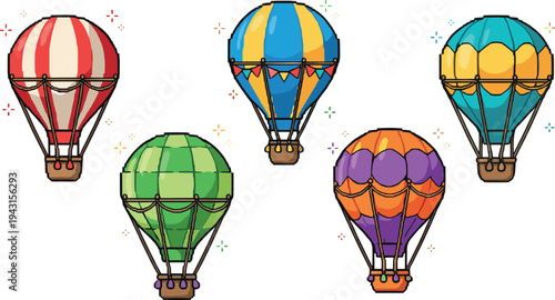 Colorful cartoon hot air balloon collection with striped and decorative patterns playful sky travel adventure vector illustration set