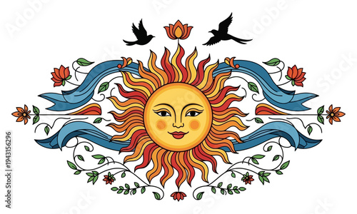 Traditional Sri Lankan Sinhala and Tamil New Year Sun God Face Vector with Decorative Floral and Ribbon Elements on Transparent Background