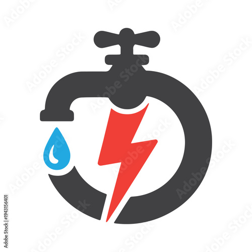 Hydropower and electricity symbolized by a faucet with water and lightning elements