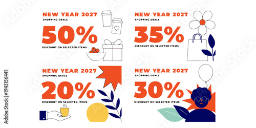 New Year 2027 Discount Deals – Illustrated Shopping Banners Featuring 50%, 35%, 20% & 30% OFF