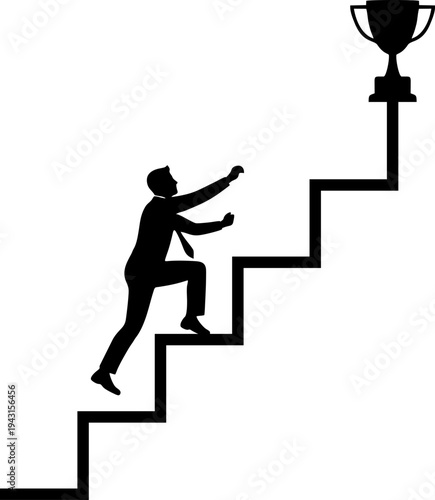 Career Growth Businessman Running Up Stairs to Trophy Silhouette